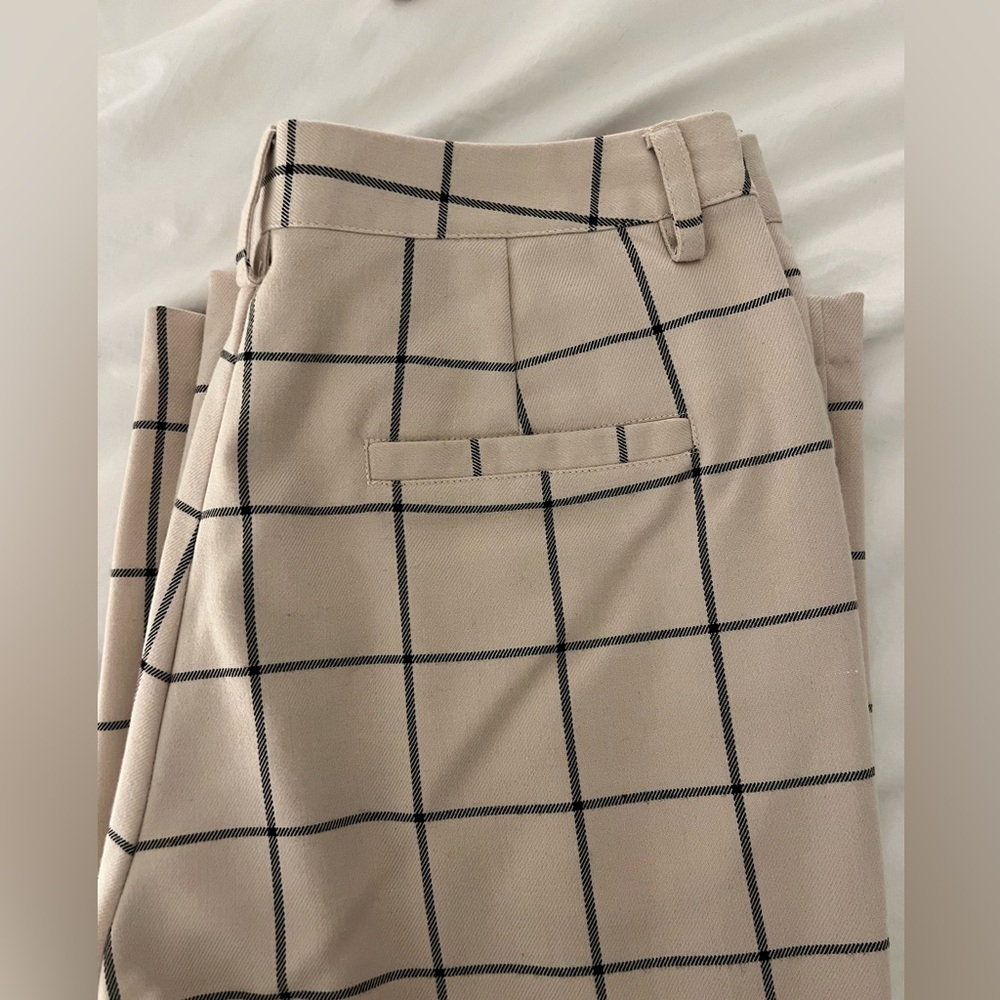 Ichi Beige Grid‑Print Trousers – Size 36